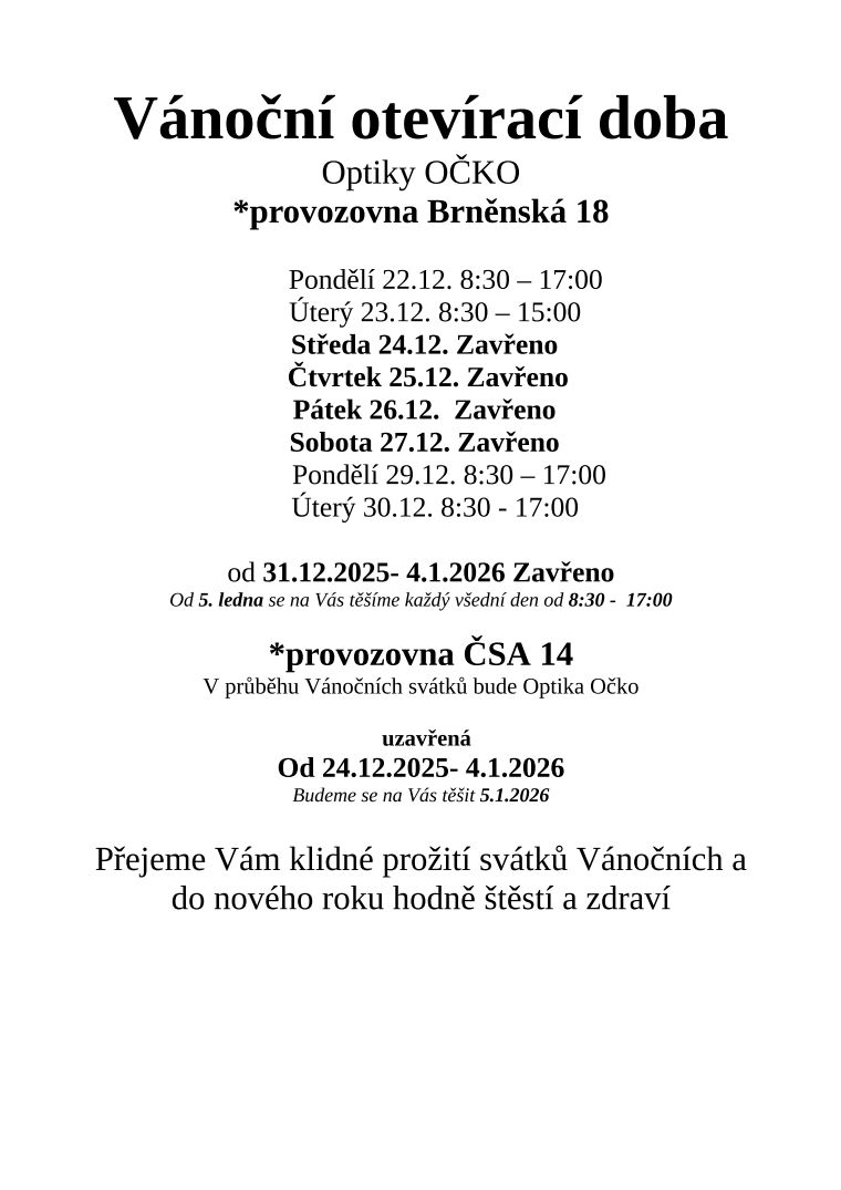 VÁNOČNÍ OTEVÍRACÍ DOBA